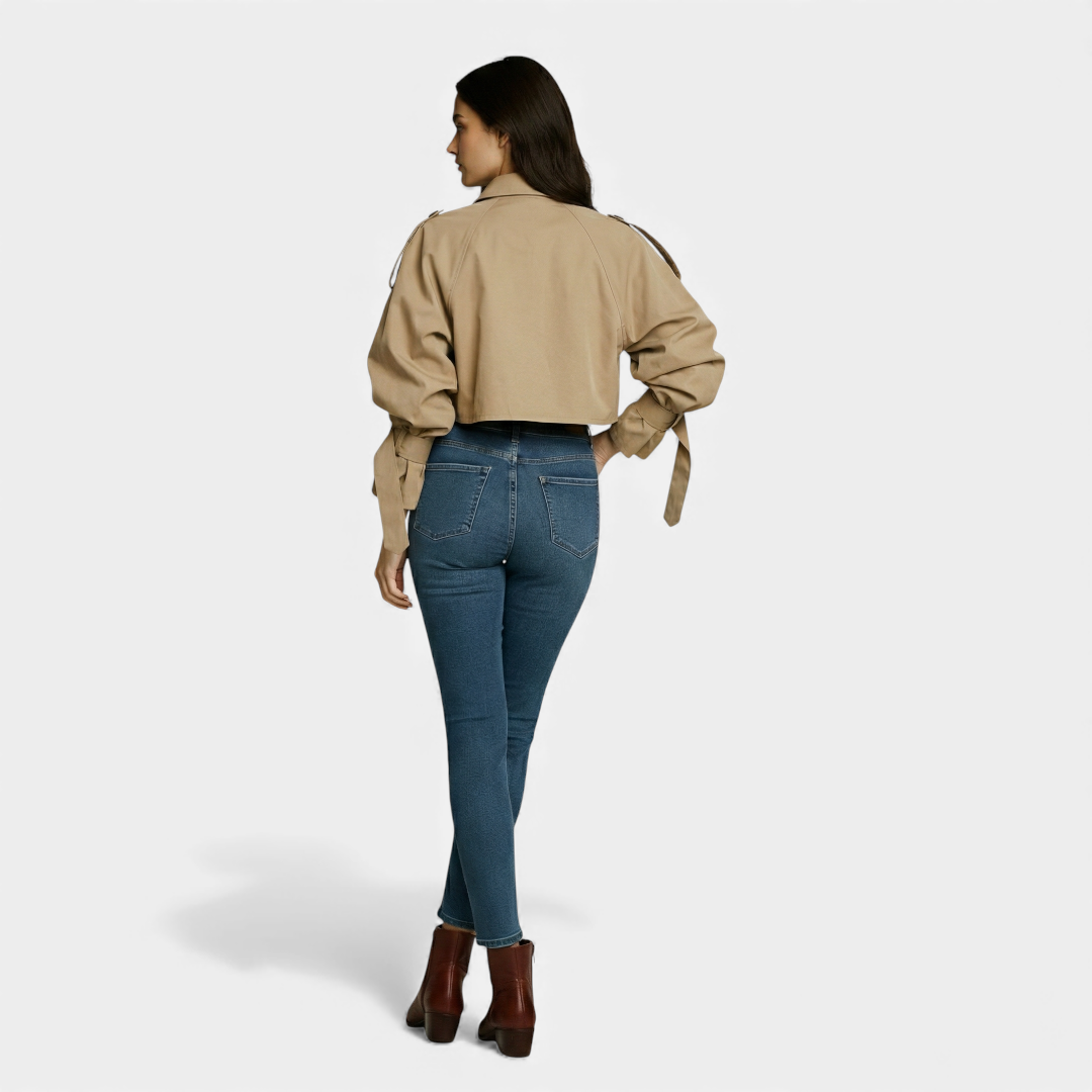 Cropped Short Trench Coat Jacket for Women-jacket-Loucelia-Khaki-S-Loucelia