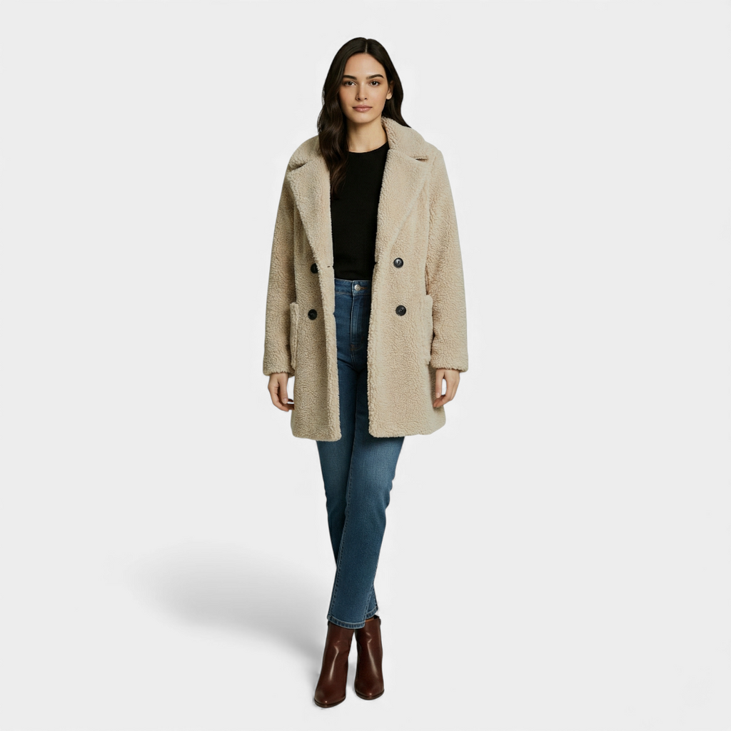 Double breasted Teddy Coat for Women-Coats-Loucelia-Beige-XS-Loucelia