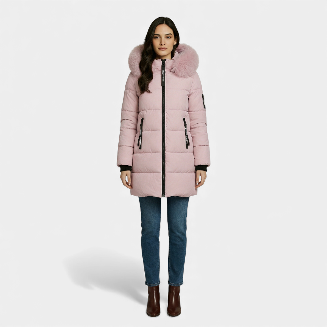 Faux Fur Collar Quilted Parka for Women-Jackets-Loucelia-Pink-S-Loucelia