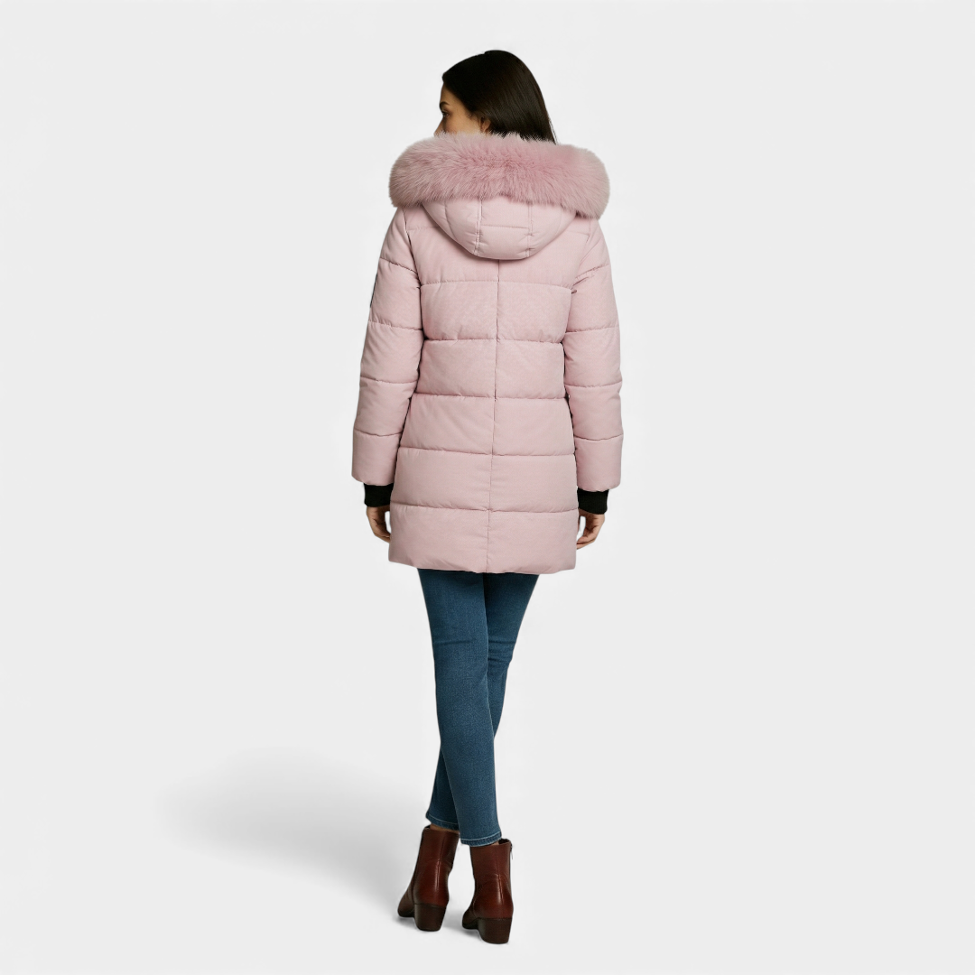 Faux Fur Collar Quilted Parka for Women-Jackets-Loucelia-Pink-S-Loucelia