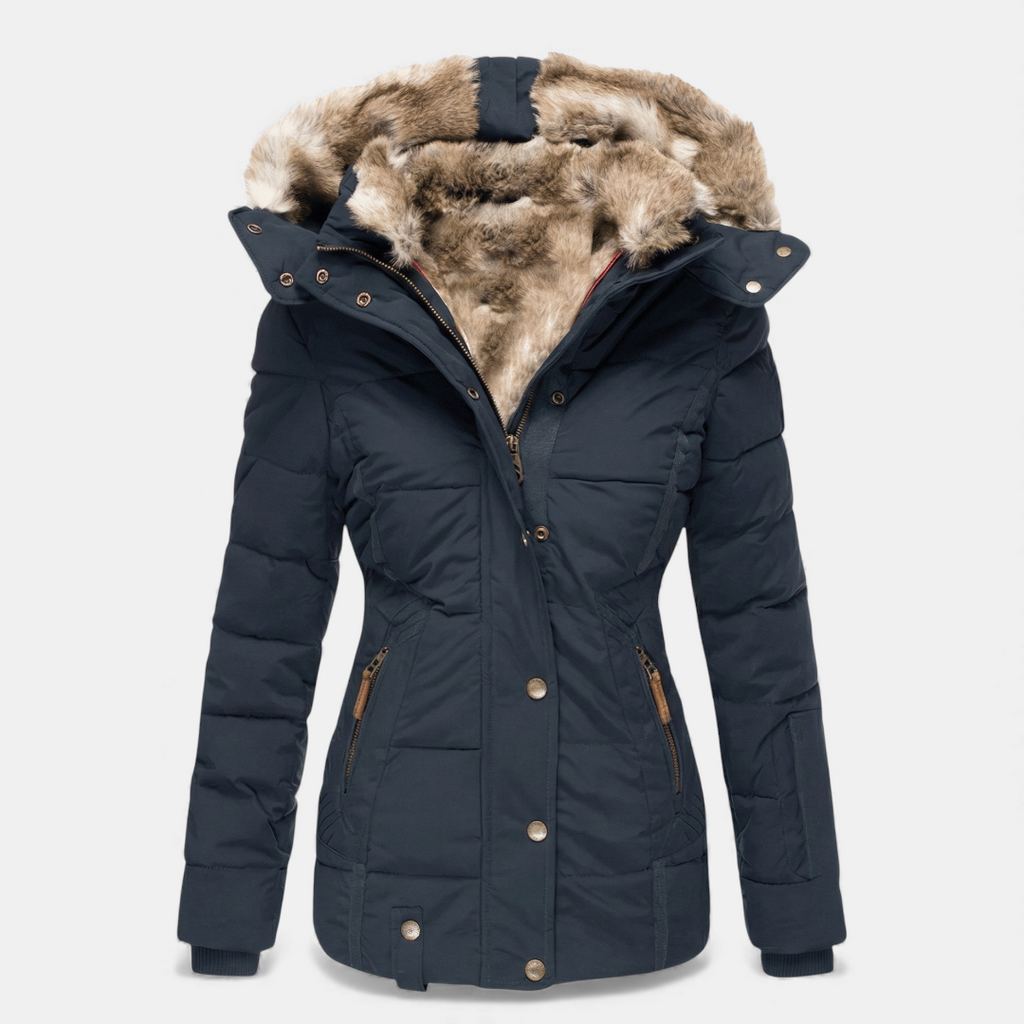 Faux Fur Hood Puffer Jacket for Women-Jackets-Loucelia-Navy-S-Loucelia