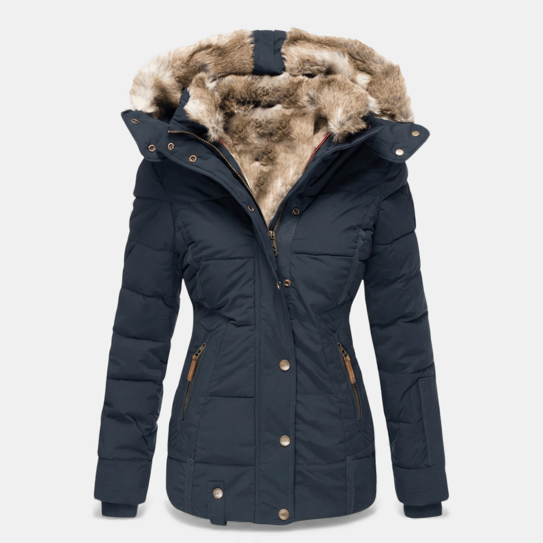 Faux Fur Hood Puffer Jacket for Women-Jackets-Loucelia-Navy-S-Loucelia