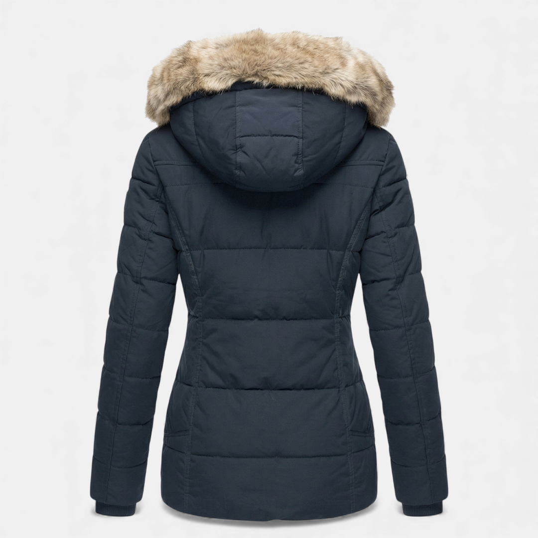 Faux Fur Hood Puffer Jacket for Women-Jackets-Loucelia-Navy-S-Loucelia