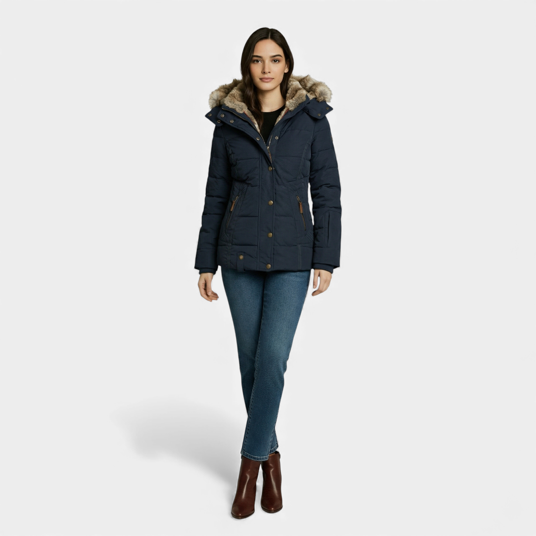 Faux Fur Hood Puffer Jacket for Women-Jackets-Loucelia-Navy-S-Loucelia