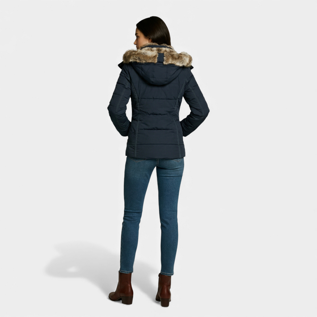 Faux Fur Hood Puffer Jacket for Women-Jackets-Loucelia-Navy-S-Loucelia