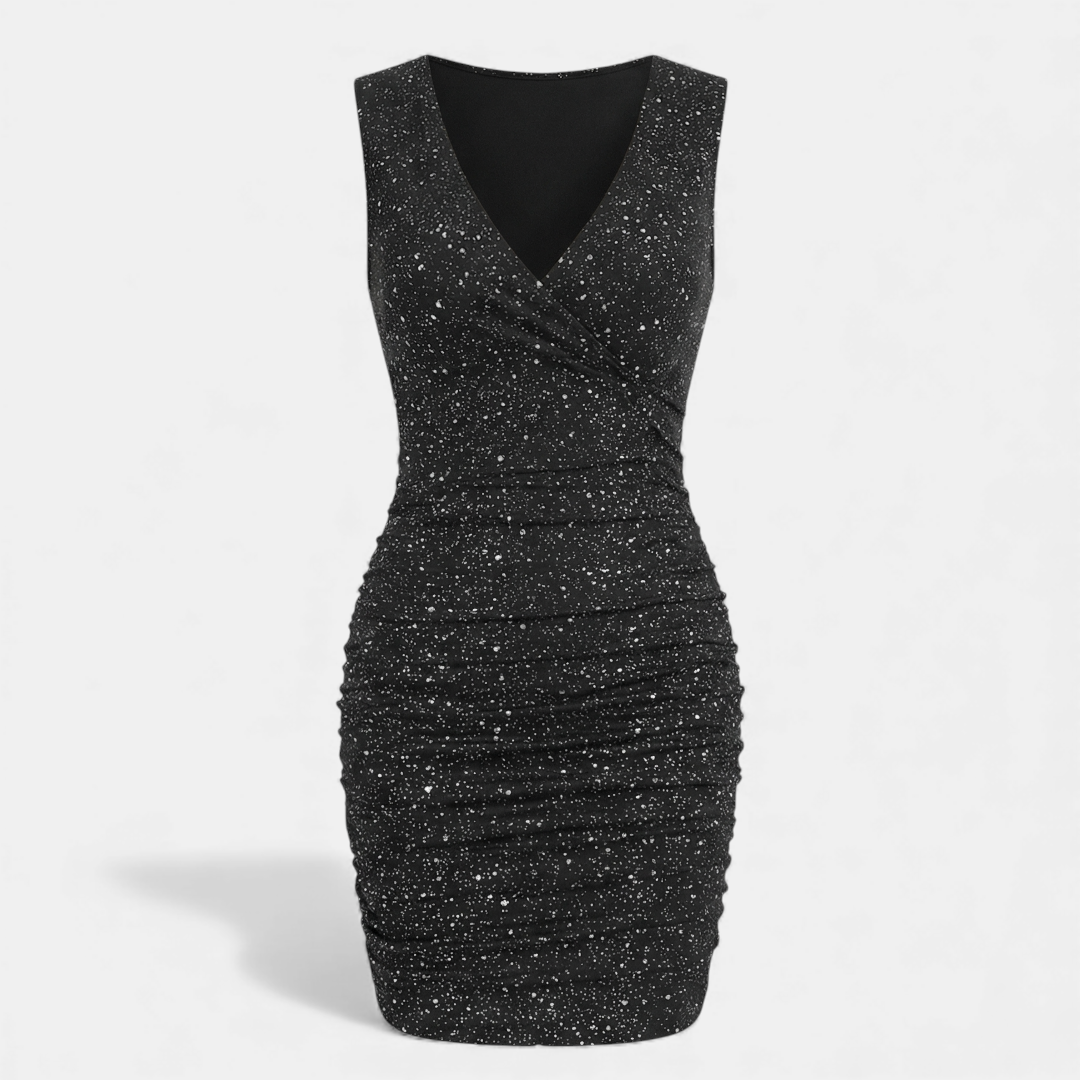Glitter Bodycon Dress - Ruched Mini - Women's-Dresses-Loucelia-Black-S-Loucelia