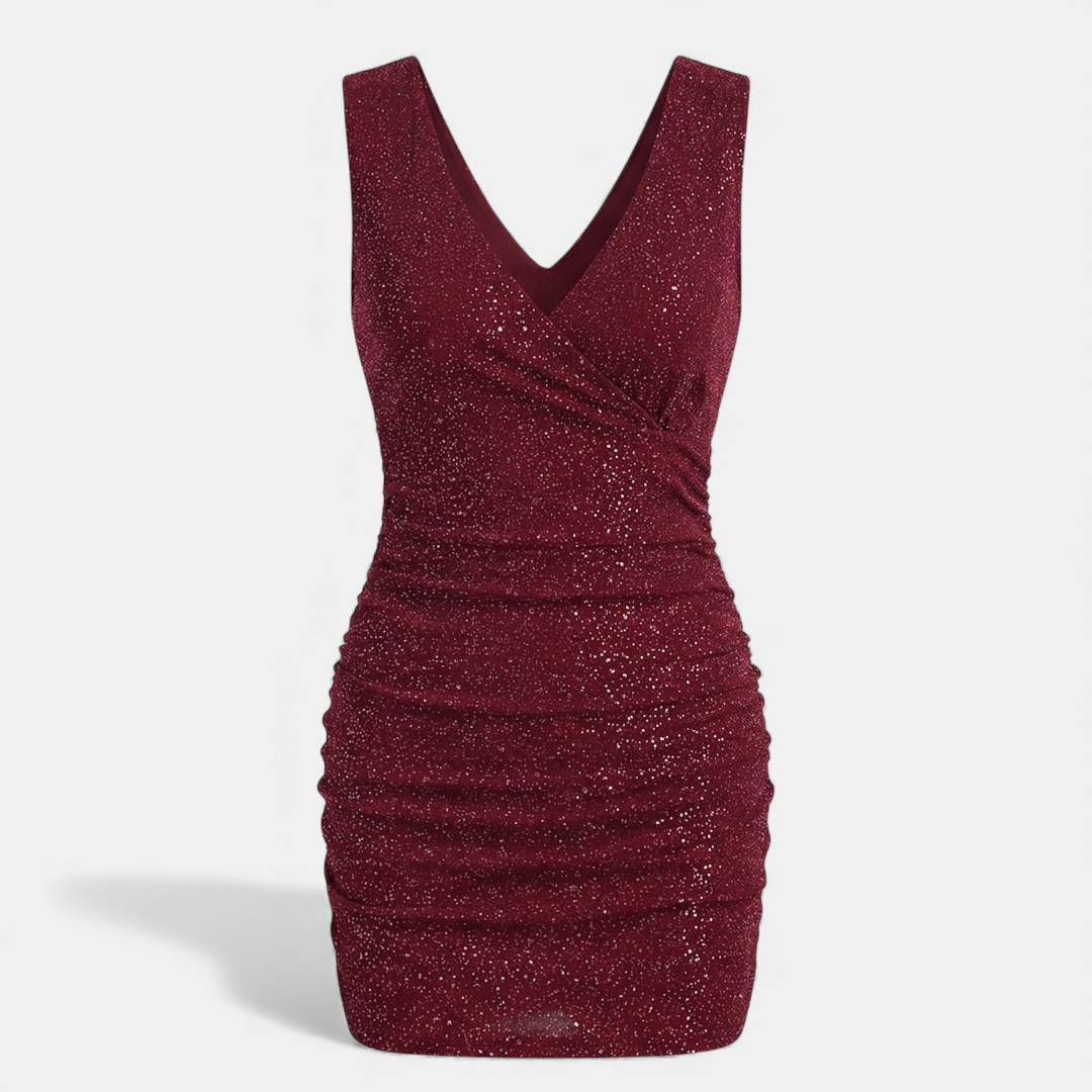 Glitter Bodycon Dress - Ruched Mini - Women's-Dresses-Loucelia-Crimson-S-Loucelia