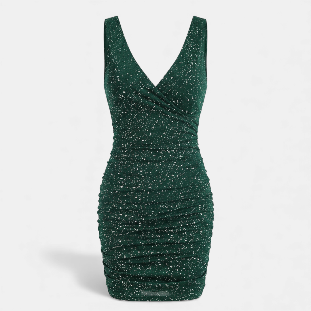 Glitter Bodycon Dress - Ruched Mini - Women's-Dresses-Loucelia-Green-S-Loucelia