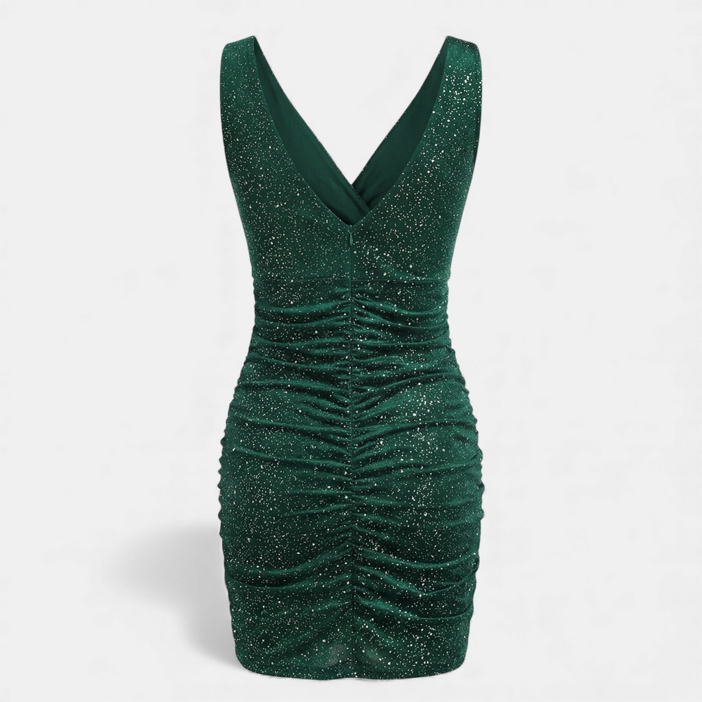Glitter Bodycon Dress - Ruched Mini - Women's-Dresses-Loucelia-Green-S-Loucelia