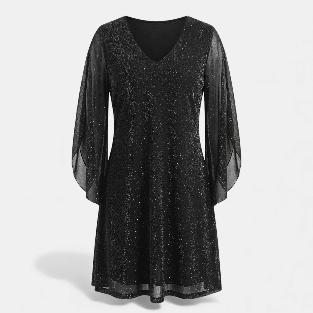 Glitter Shift Dress - Women's Bell Sleeve-Dresses-Loucelia-Black-S-Loucelia