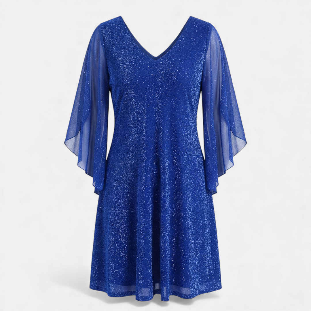 Glitter Shift Dress - Women's Bell Sleeve-Dresses-Loucelia-Blue-S-Loucelia
