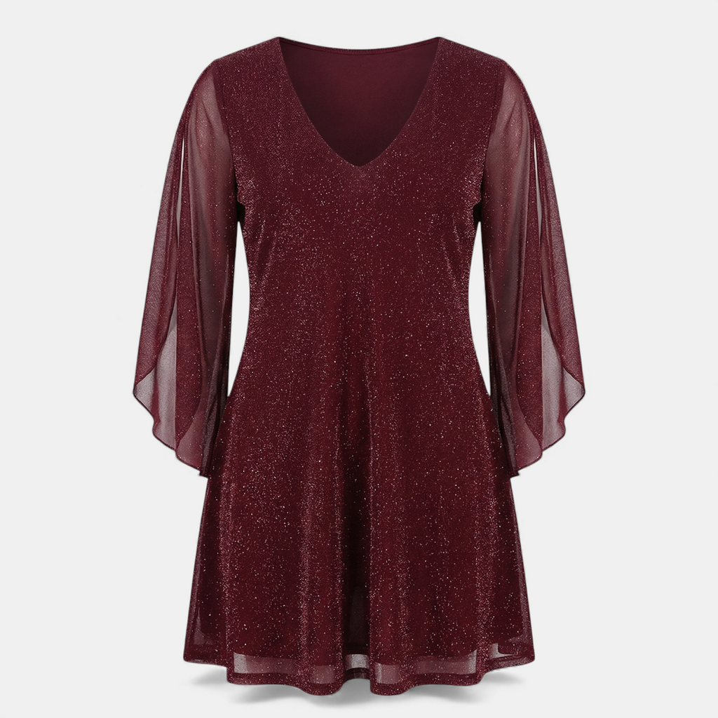 Glitter Shift Dress - Women's Bell Sleeve-Dresses-Loucelia-Crimson-S-Loucelia