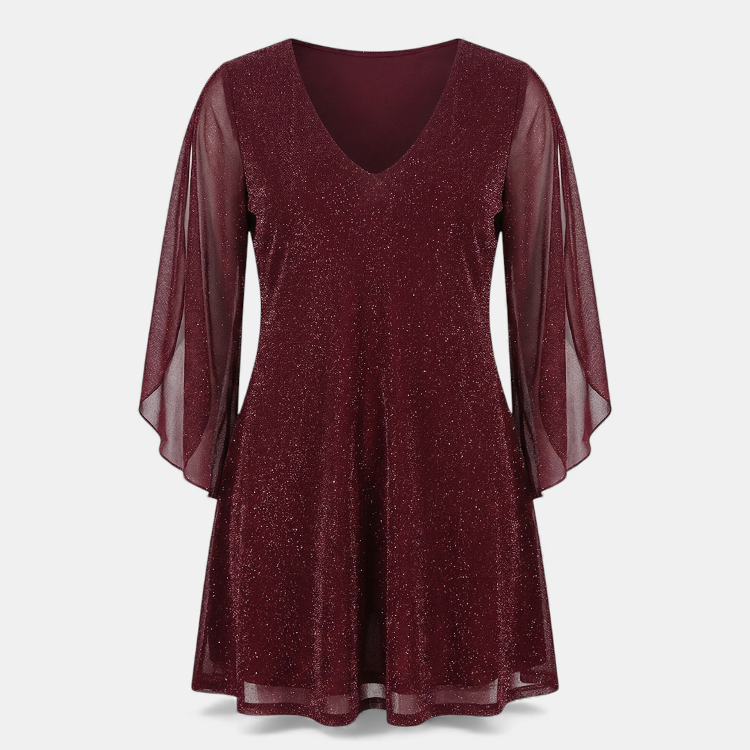 Glitter Shift Dress - Women's Bell Sleeve-Dresses-Loucelia-Crimson-S-Loucelia