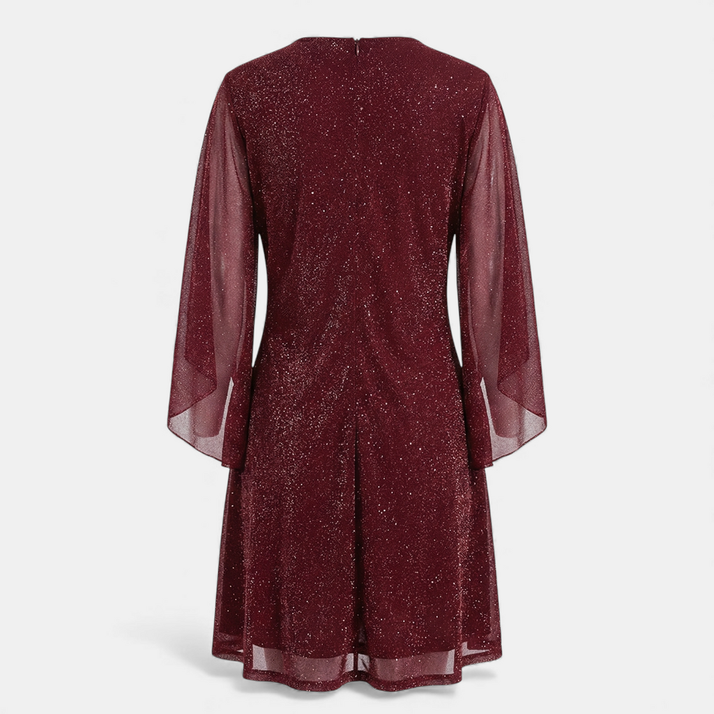 Glitter Shift Dress - Women's Bell Sleeve-Dresses-Loucelia-Crimson-S-Loucelia