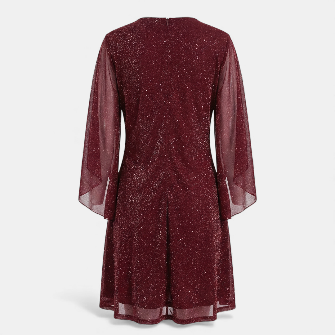 Glitter Shift Dress - Women's Bell Sleeve-Dresses-Loucelia-Crimson-S-Loucelia