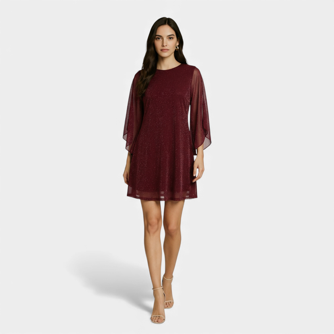 Glitter Shift Dress - Women's Bell Sleeve-Dresses-Loucelia-Crimson-S-Loucelia