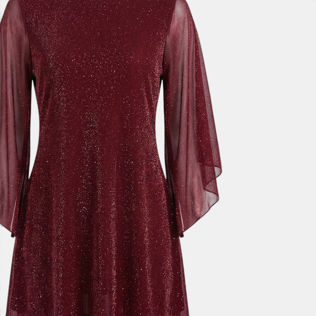 Glitter Shift Dress - Women's Bell Sleeve-Dresses-Loucelia-Crimson-S-Loucelia