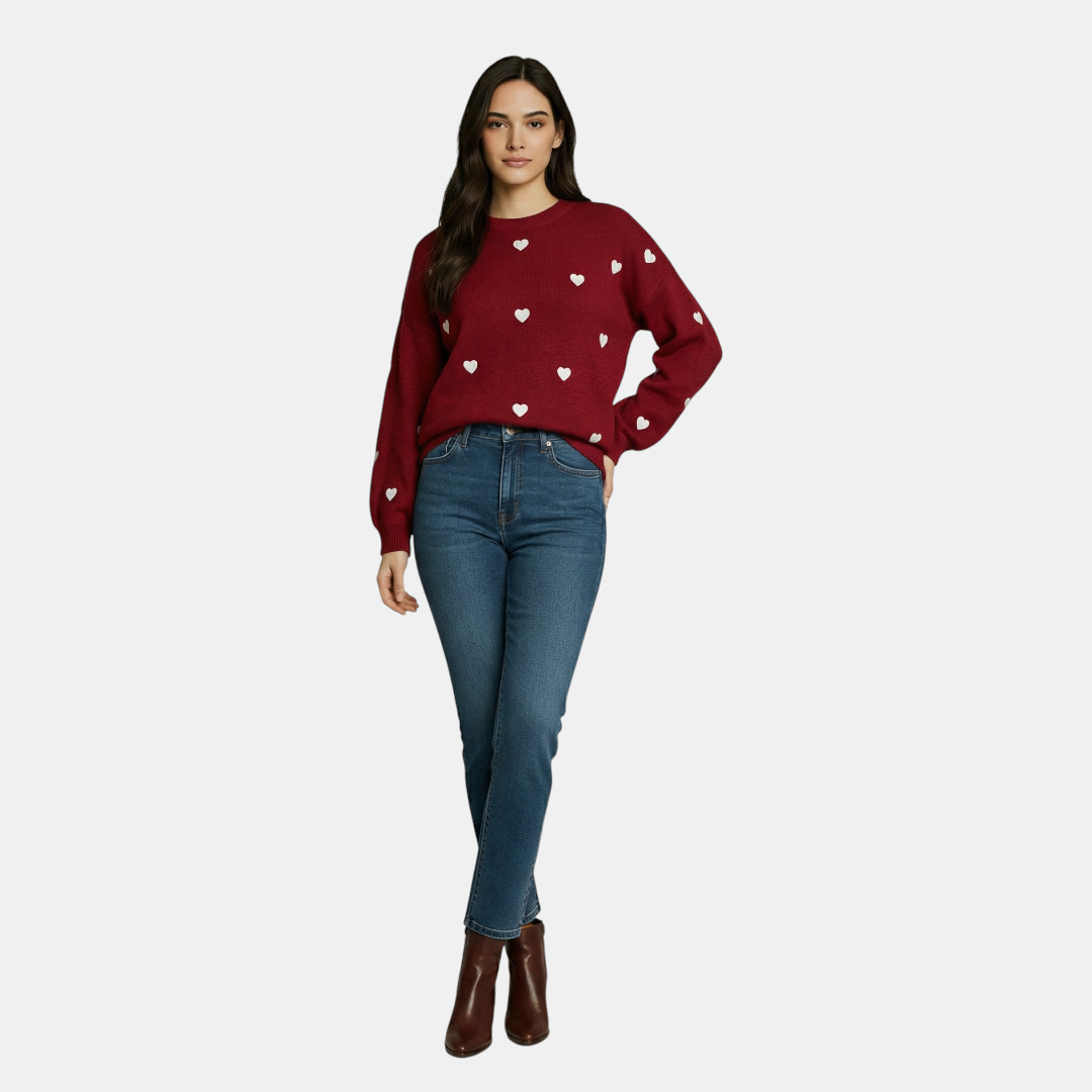 Heart Pattern Knit Sweater for Women-Sweaters-Loucelia-Red-S-Loucelia