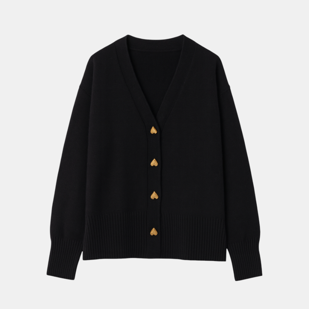 Heart Button Knit Cardigan for Women-Sweaters-Loucelia-Black-XS-Loucelia