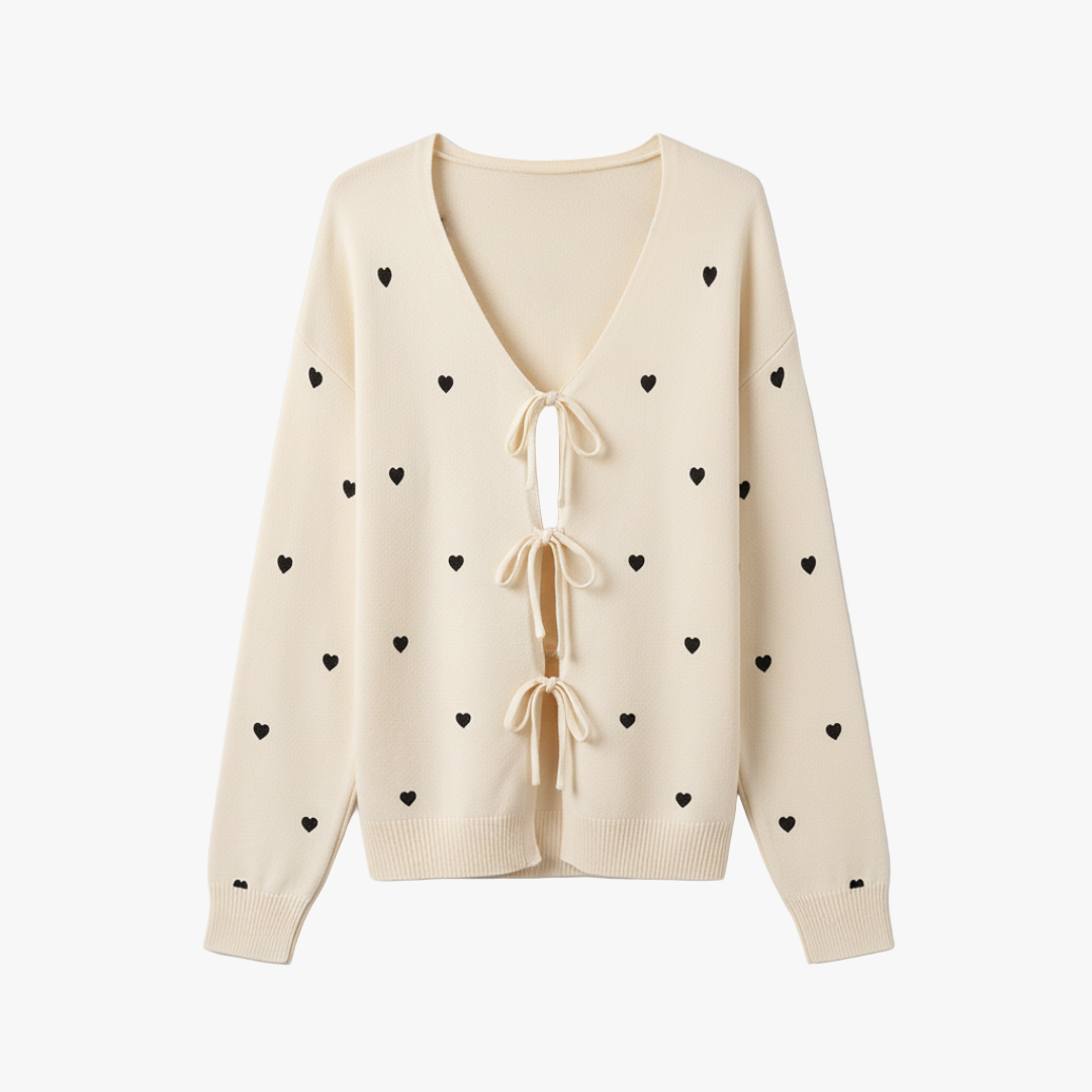 Heart Print Tie Front Cardigan for Women-sweater-Loucelia-S-Loucelia