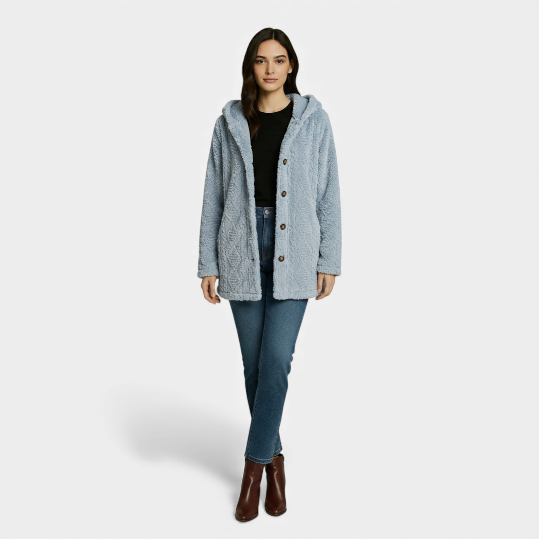 Hooded Fleece Jacket Button-Front Cardigan for Women Cozy-Jackets-Loucelia-Bright Rain Blue-S-Loucelia