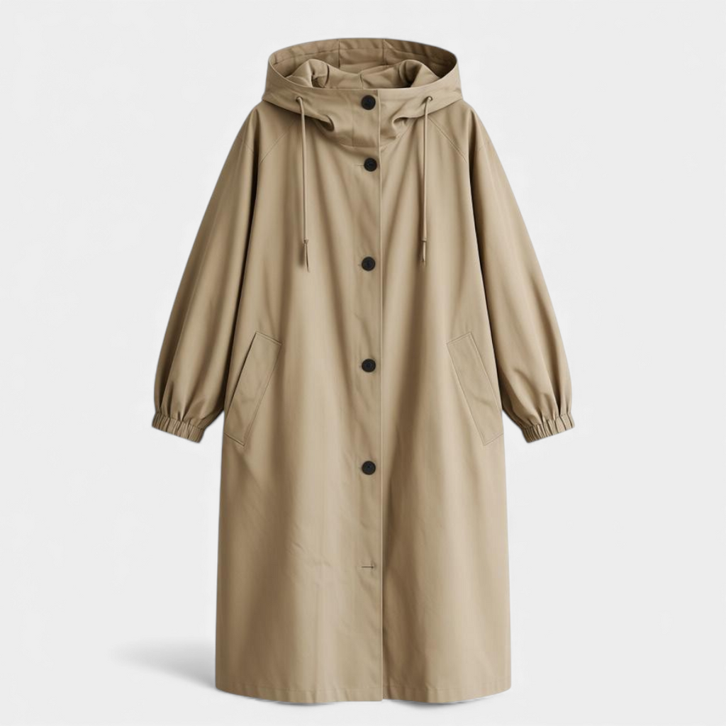 Hooded Longline Coat for Women-Loucelia-Khaki-S-Loucelia