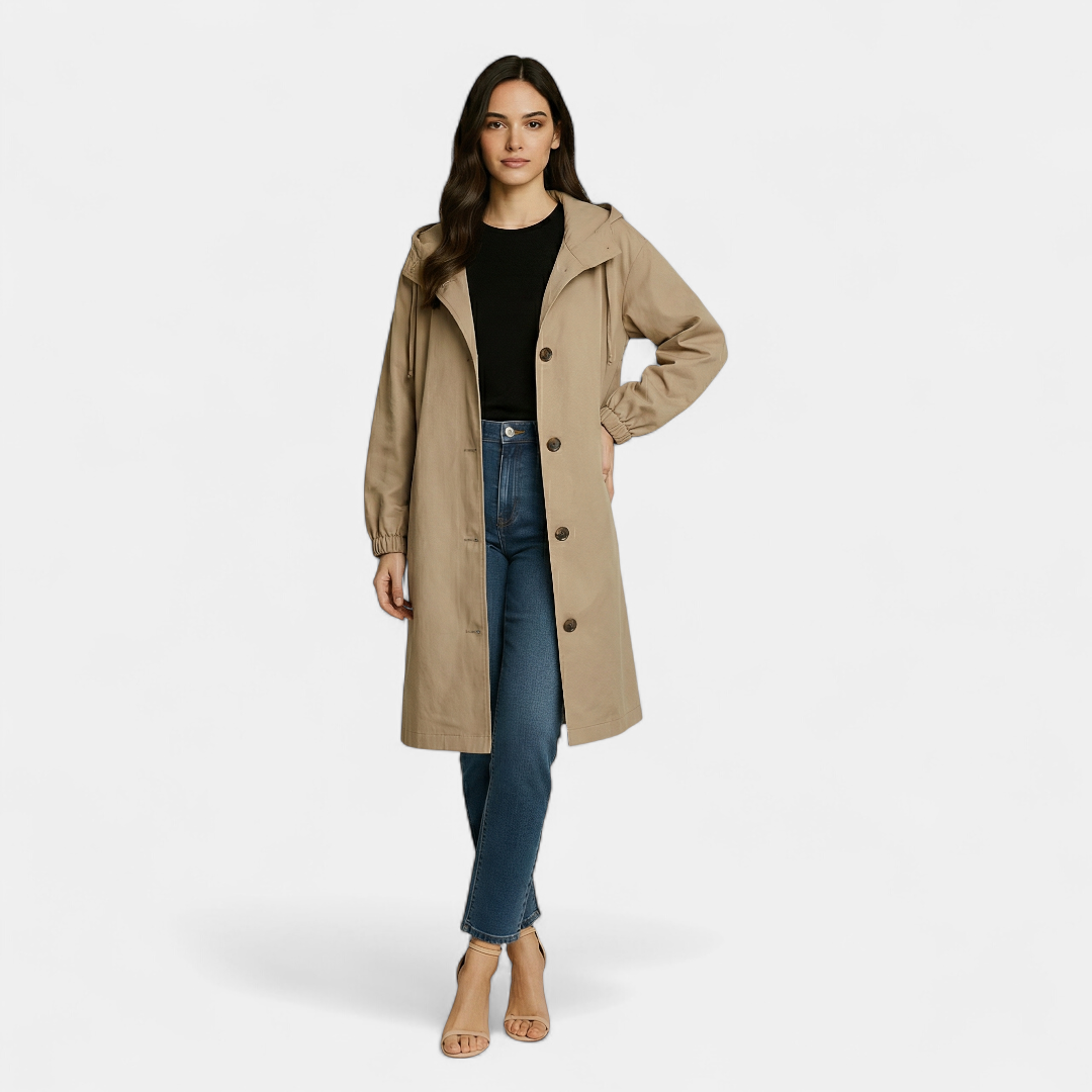 Hooded Longline Coat for Women-Loucelia-Khaki-S-Loucelia