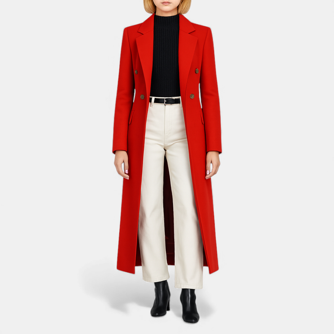 Long Double-Breasted Coat for Women-Coats-Loucelia-Red-S-Loucelia