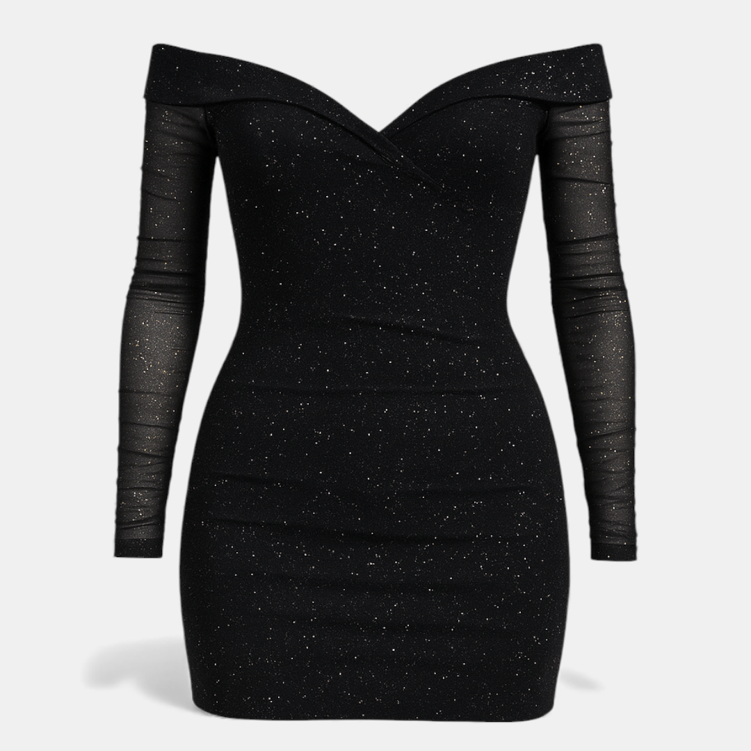 Off-shoulder mini dress – sheer mesh sleeves, fitted silhouette