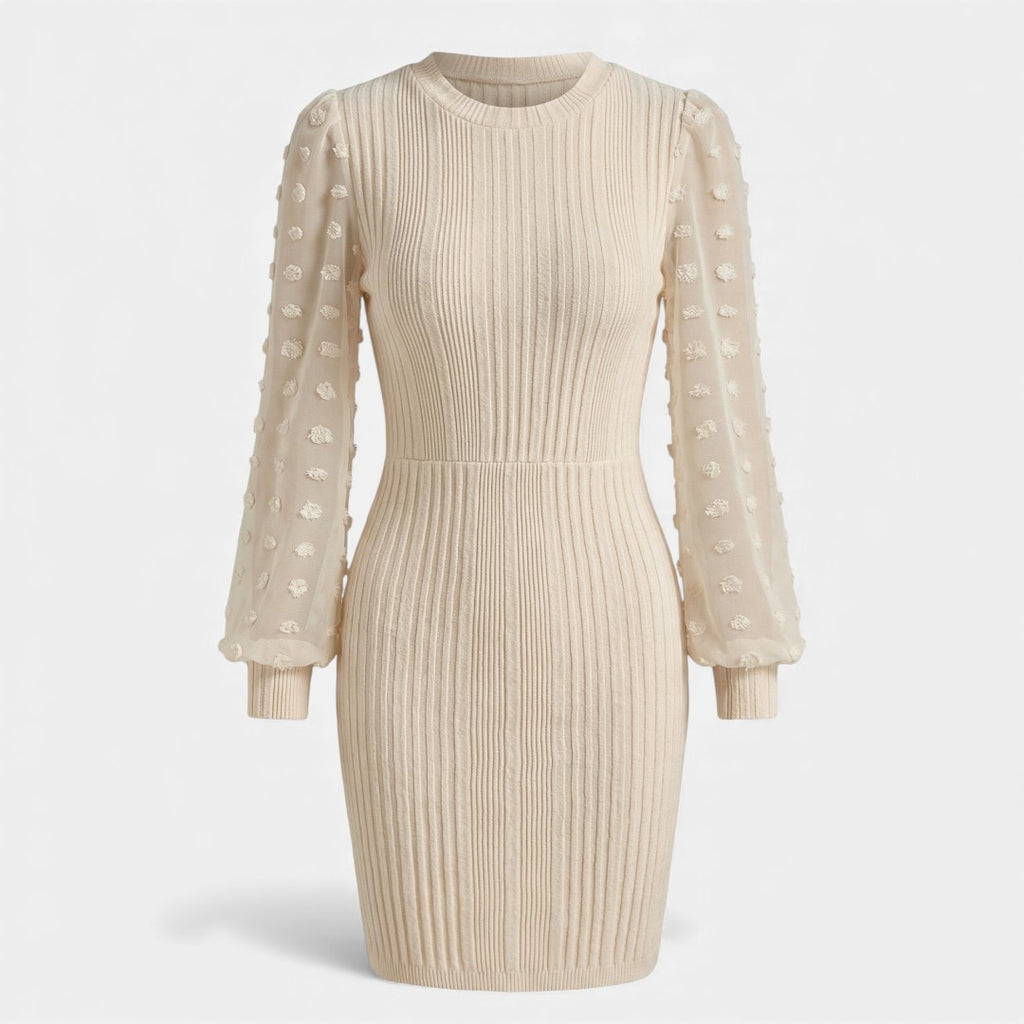 Pleated Dress - Bodycon Sheer Sleeve - Women's Cocktail-Dresses-Loucelia-Apricot-S-Loucelia