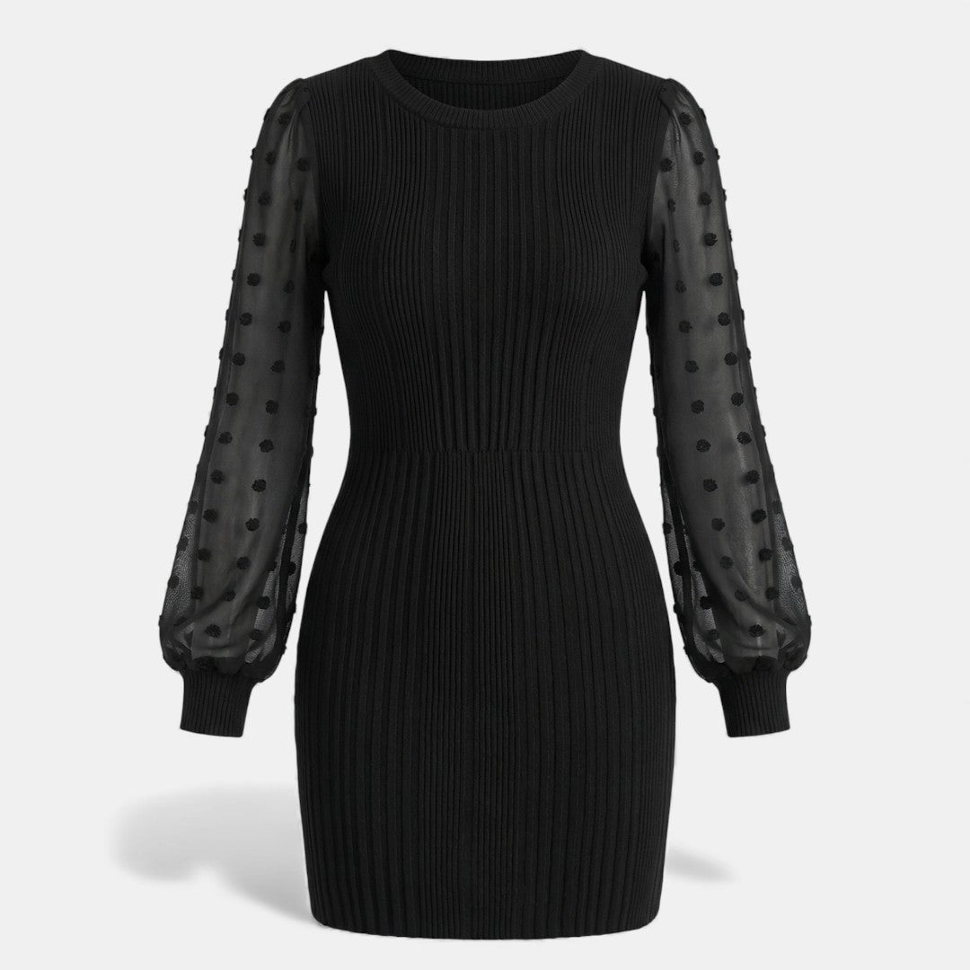 Pleated Dress - Bodycon Sheer Sleeve - Women's Cocktail-Dresses-Loucelia-Black-S-Loucelia