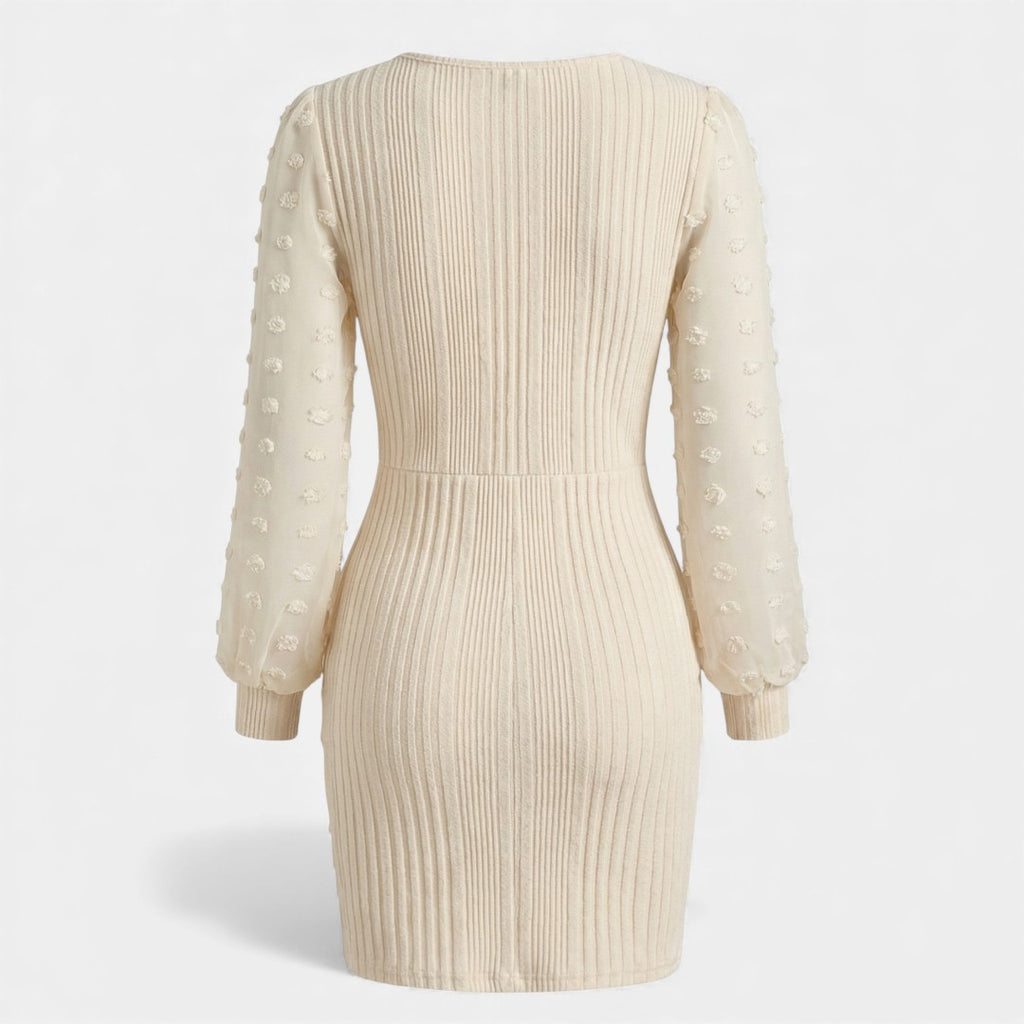 Pleated Dress - Bodycon Sheer Sleeve - Women's Cocktail-Dresses-Loucelia-Apricot-S-Loucelia