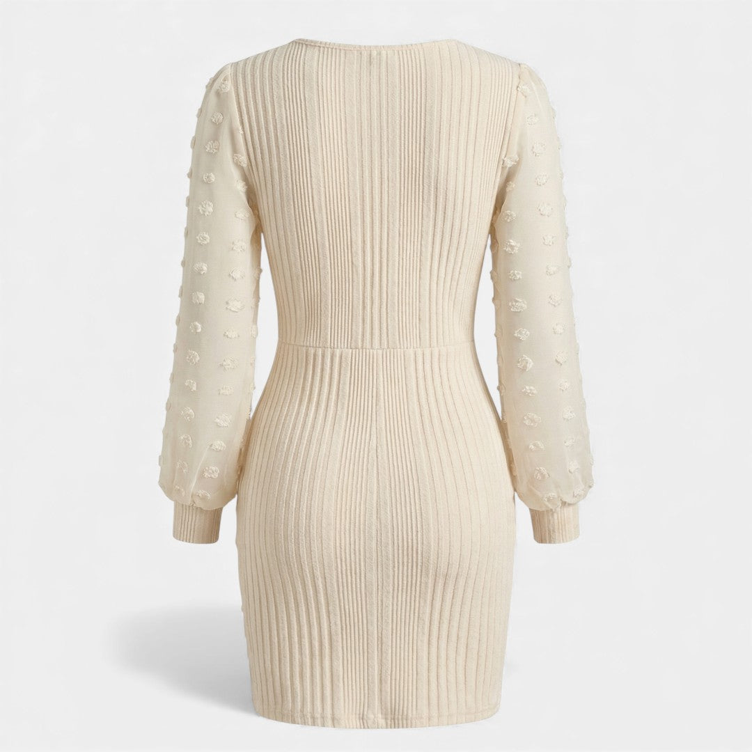 Pleated Dress - Bodycon Sheer Sleeve - Women's Cocktail-Dresses-Loucelia-Apricot-S-Loucelia