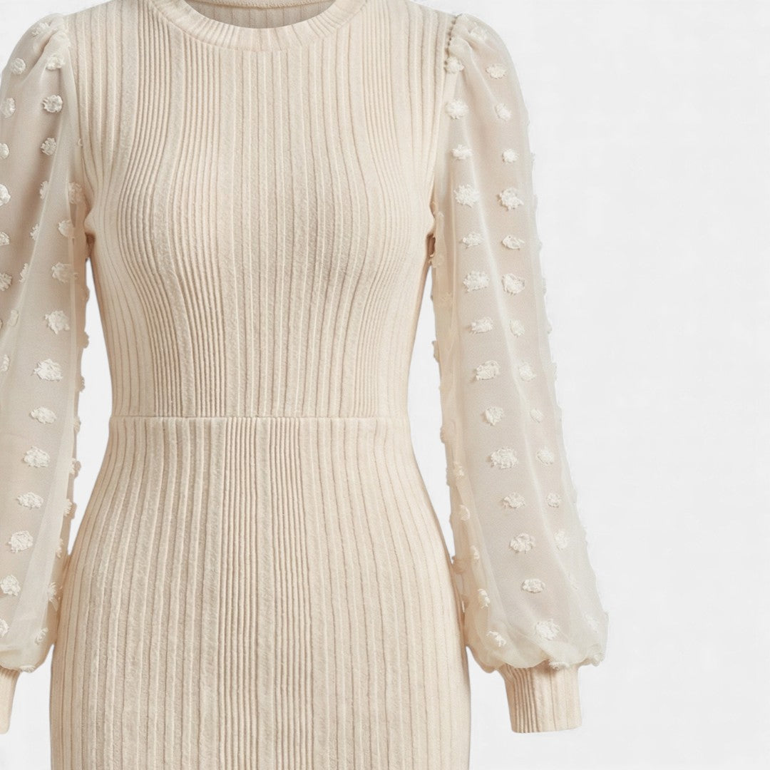 Pleated Dress - Bodycon Sheer Sleeve - Women's Cocktail-Dresses-Loucelia-Apricot-S-Loucelia