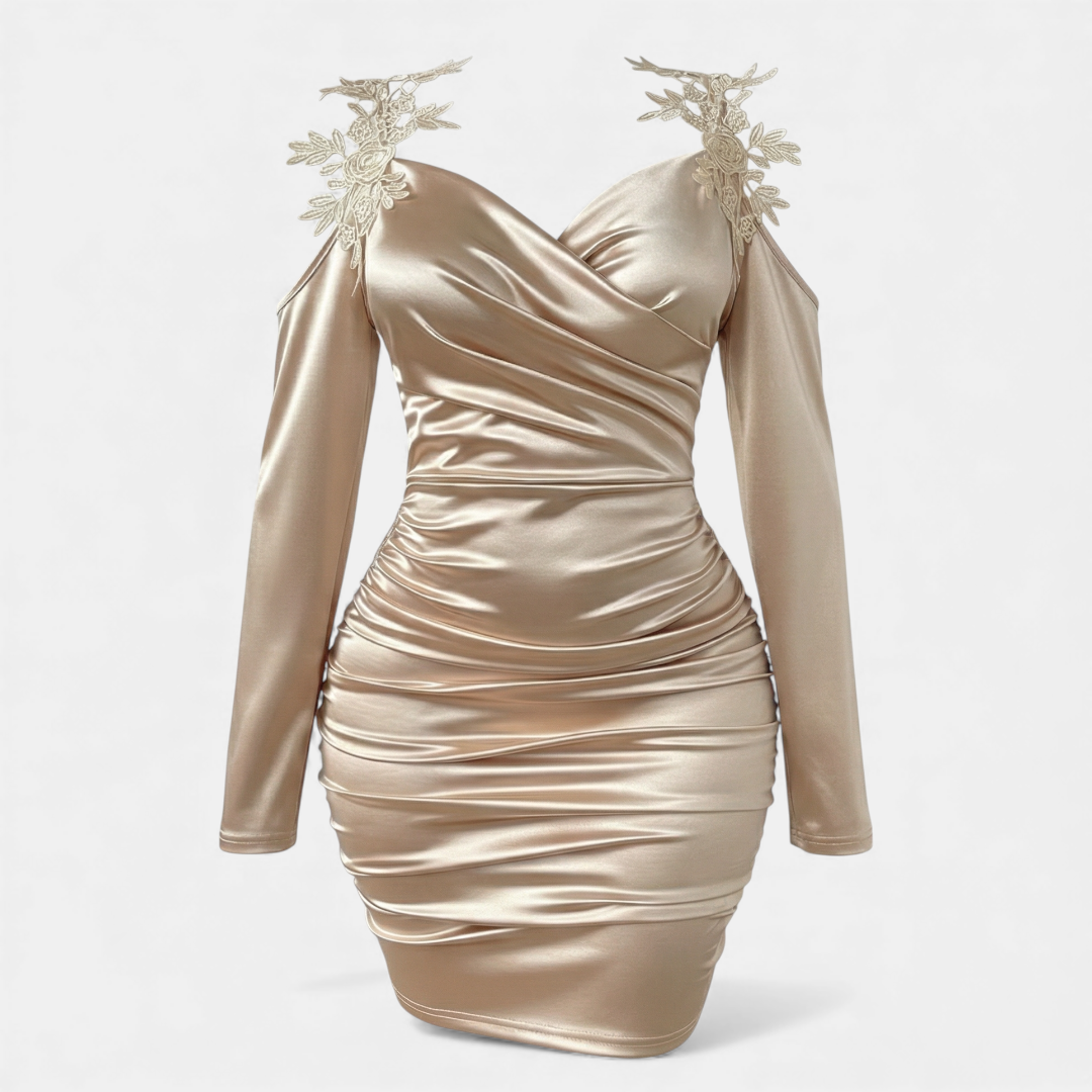 Ruched Satin Mini Dress for Women-Dresses-Loucelia-Apricot-S-Loucelia