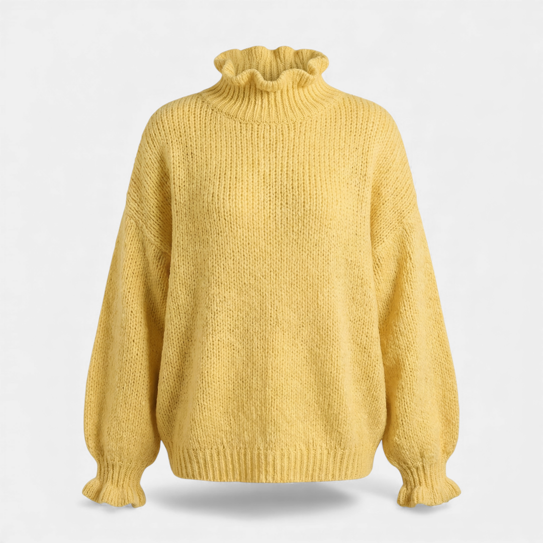 Ruffled Neck Knit Sweater for Women-Sweaters-Loucelia-Yellow-S-Loucelia