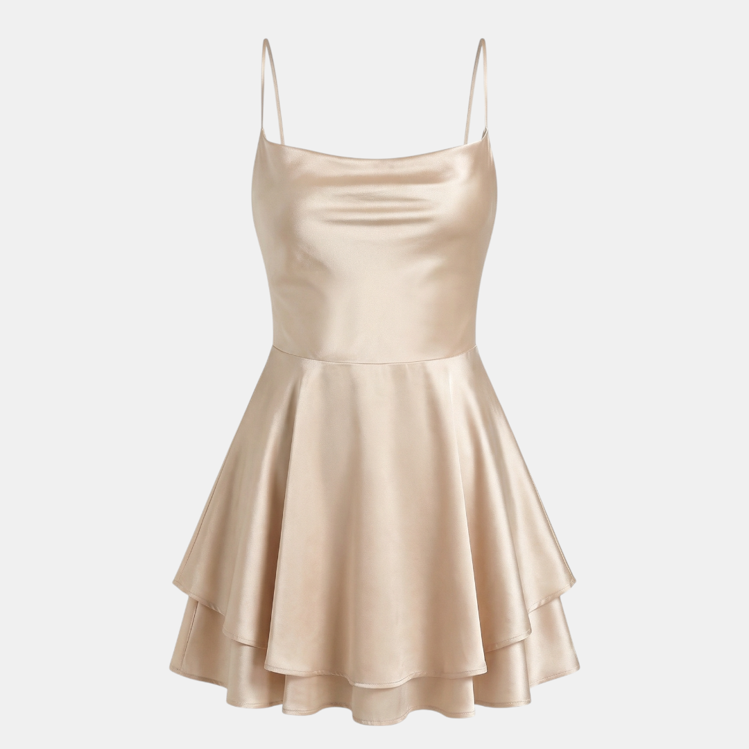 Satin Dress Cowl Neck Tiered Mini Dress For Women-Dresses-Loucelia-Apricot-XS-Loucelia