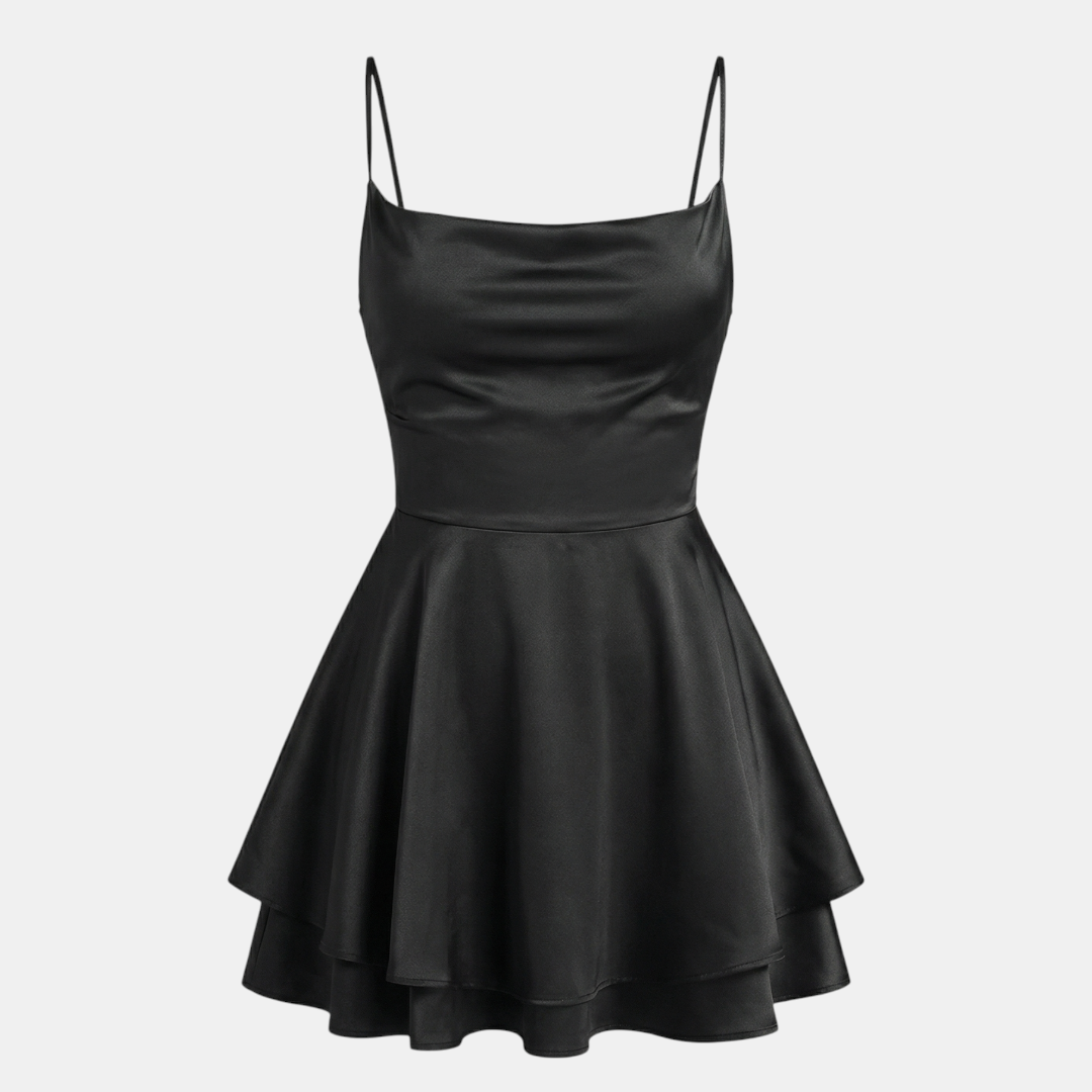 Satin Dress Cowl Neck Tiered Mini Dress For Women-Dresses-Loucelia-black-XS-Loucelia