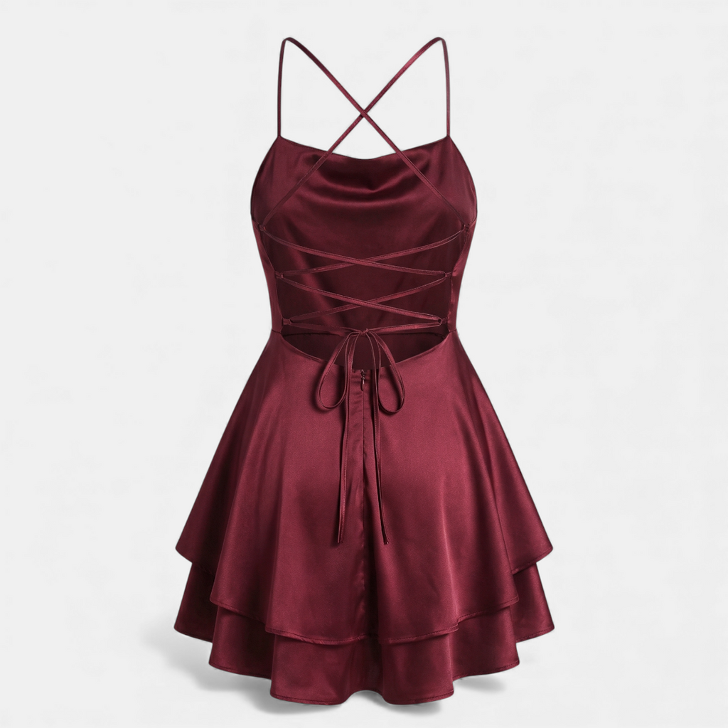 Satin Dress Cowl Neck Tiered Mini Dress For Women-Dresses-Loucelia-Brick Red-XS-Loucelia