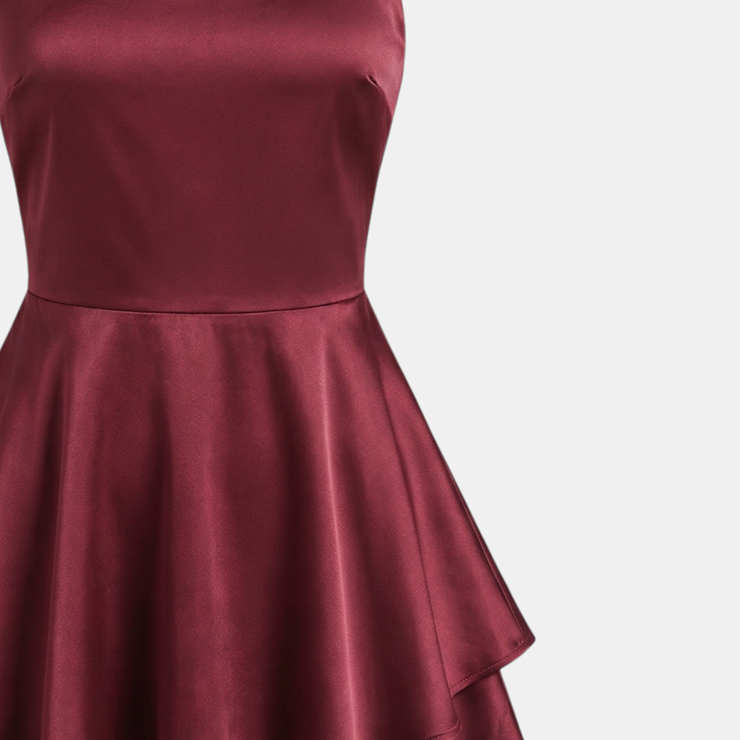 Satin Dress Cowl Neck Tiered Mini Dress For Women-Dresses-Loucelia-Brick Red-XS-Loucelia