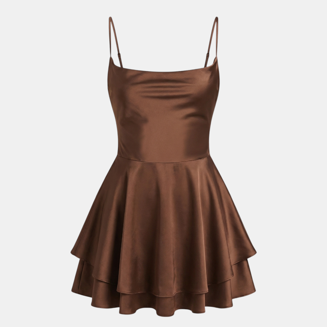Satin Dress Cowl Neck Tiered Mini Dress For Women-Dresses-Loucelia-Coffee-XS-Loucelia
