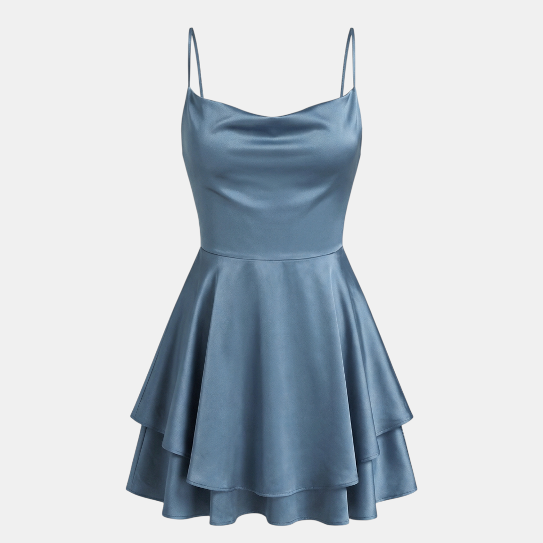 Satin Dress Cowl Neck Tiered Mini Dress For Women-Dresses-Loucelia-Dark Cyan-XS-Loucelia