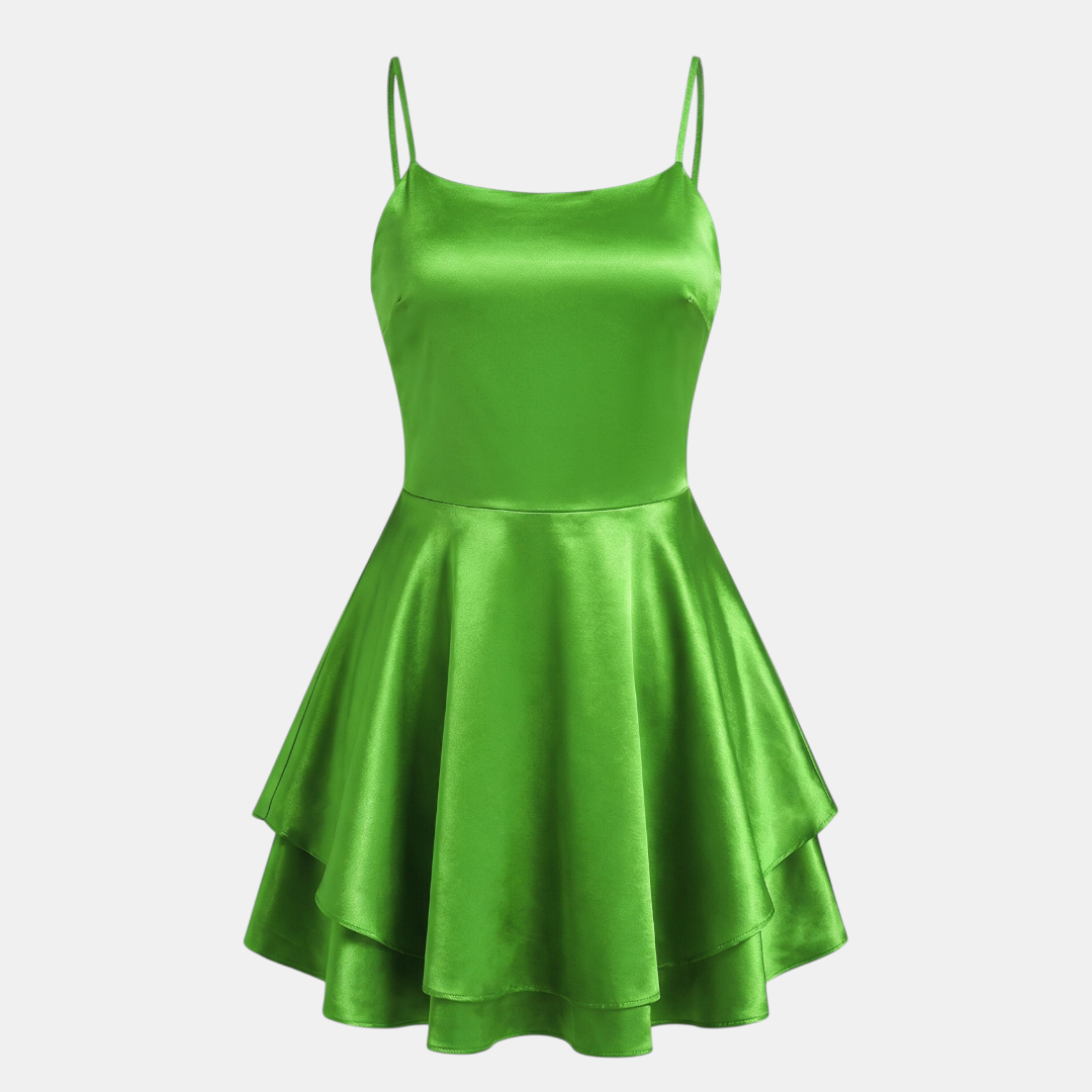 Satin Dress Cowl Neck Tiered Mini Dress For Women-Dresses-Loucelia-Flourescent Green-XS-Loucelia