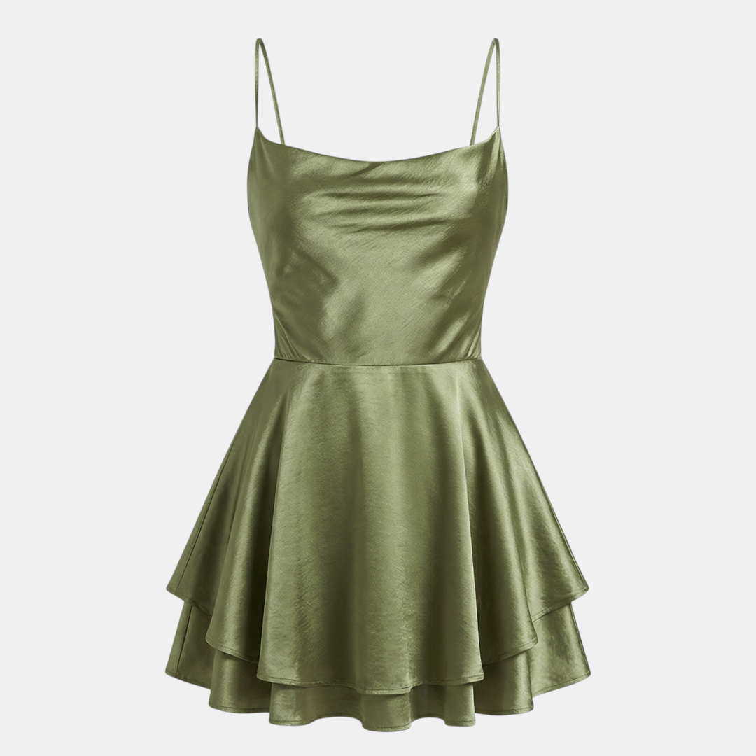 Satin Dress Cowl Neck Tiered Mini Dress For Women-Dresses-Loucelia-Matcha-XS-Loucelia