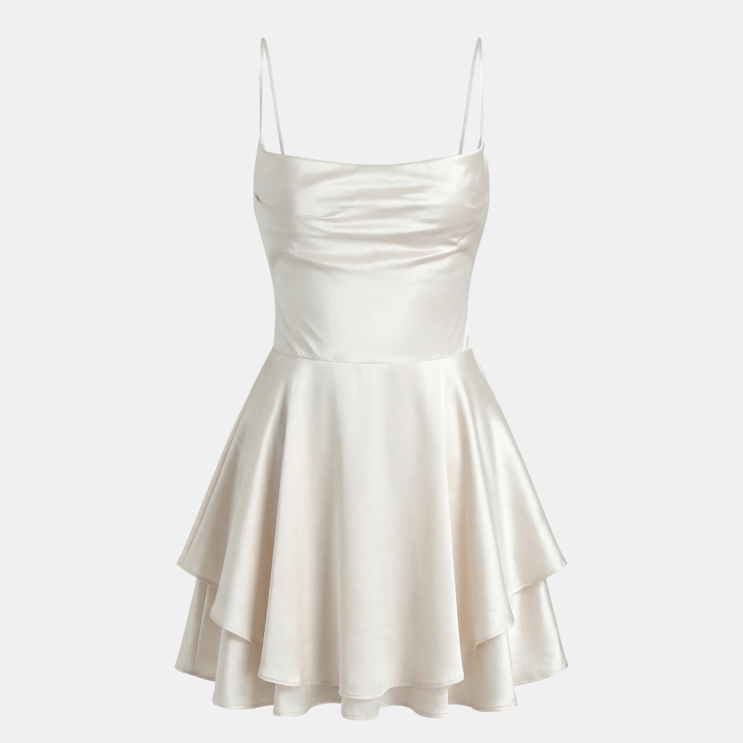 Satin Dress Cowl Neck Tiered Mini Dress For Women-Dresses-Loucelia-Milky-XS-Loucelia