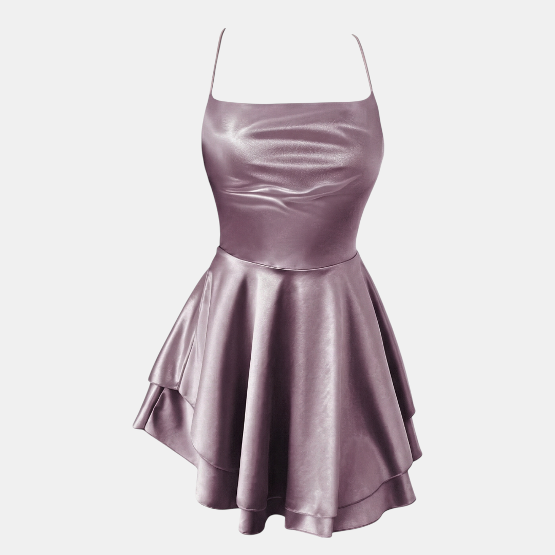 Satin Dress Cowl Neck Tiered Mini Dress For Women-Dresses-Loucelia-Pale Pinkish Gray-XS-Loucelia