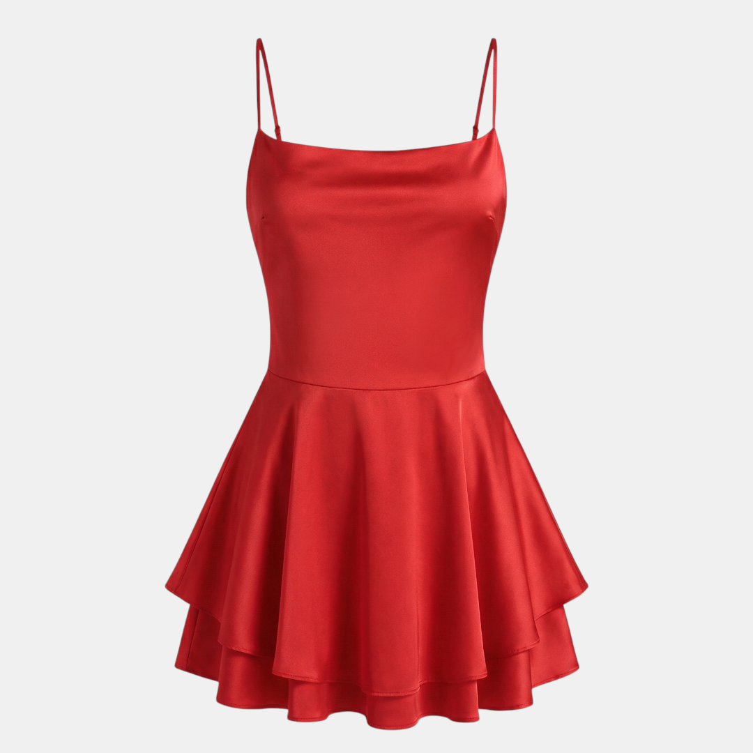Satin Dress Cowl Neck Tiered Mini Dress For Women-Dresses-Loucelia-Red-XS-Loucelia