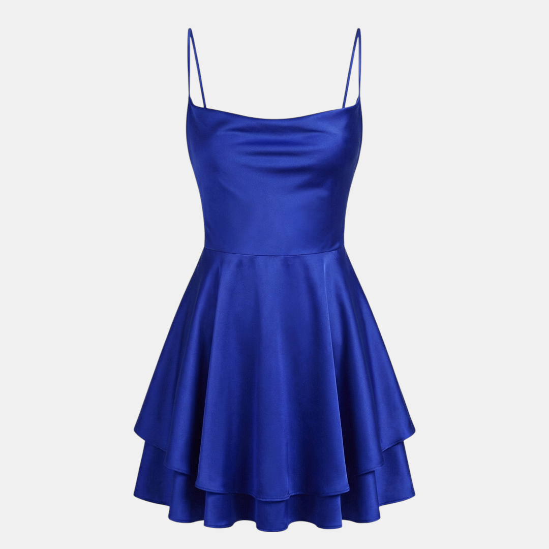 Satin Dress Cowl Neck Tiered Mini Dress For Women-Dresses-Loucelia-Royal Blue-XS-Loucelia