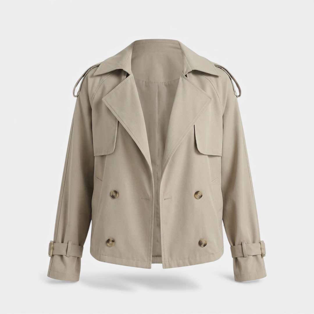 Short Trench Coat - Double-Breasted Jacket - Women's-Jackets-Loucelia-Khaki-S-Loucelia