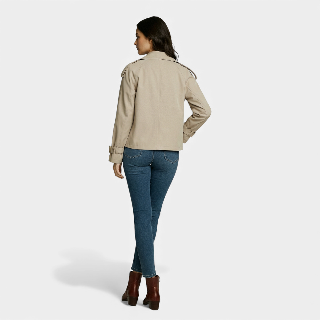 Short Trench Coat - Double-Breasted Jacket - Women's-Jackets-Loucelia-Khaki-S-Loucelia